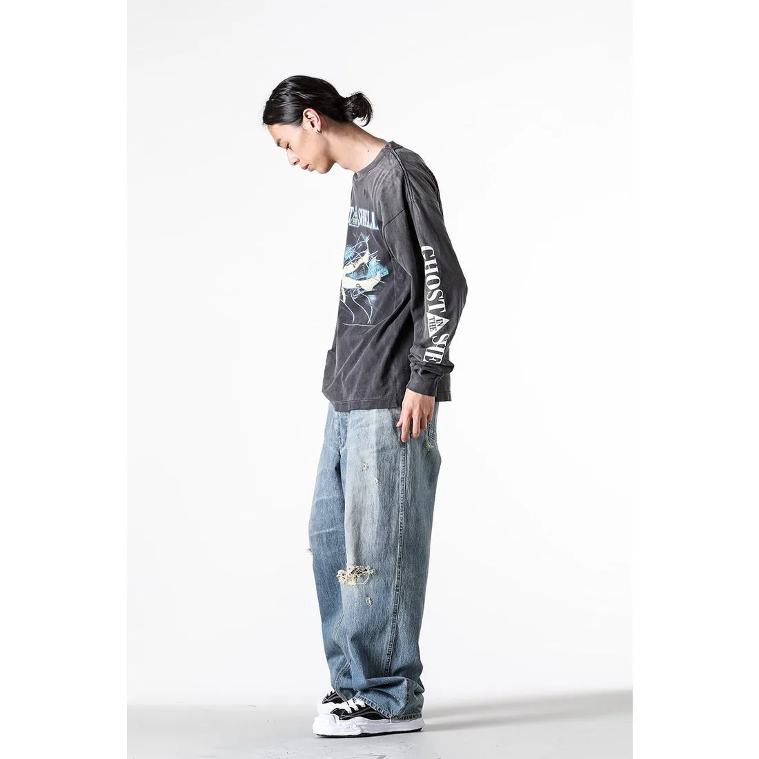 SAINT Mxxxxxx × GHOST IN THE SHELL Ghost in the Shell GS_LS TEE/GITS/BLK Big IP Ghost in the Shell co-branded model Sleeping Motoko Kusanagi Retro distressed long sleeves with holes Washed black S-XL
